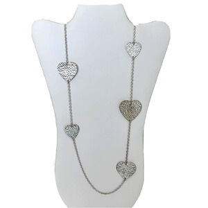 Silver Tone Chain Necklace Hammered Steel Hearts Signed NY